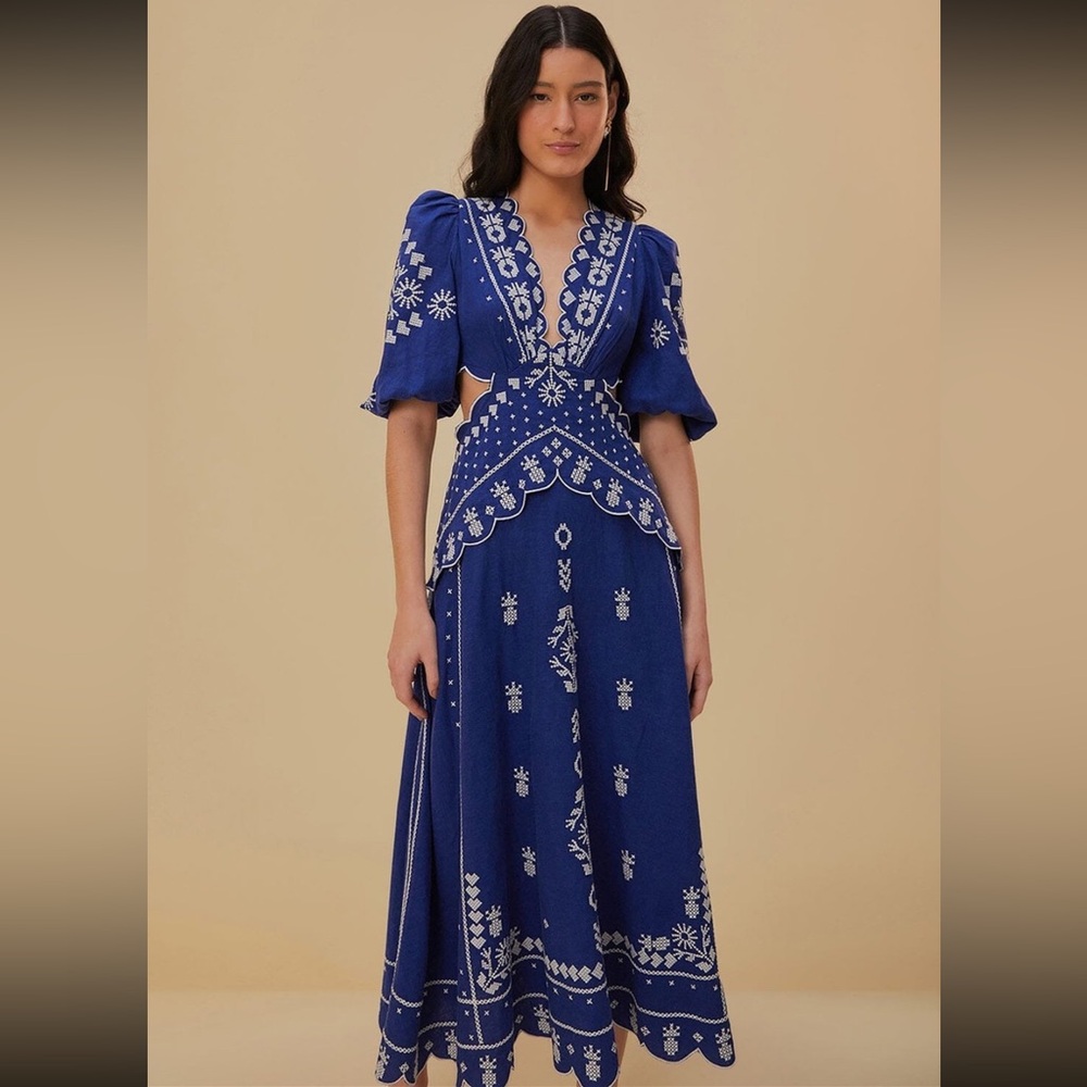 NWT FARM RIO NAVY BLUE EMBROIDERED CUT-OUT MIDI DRESS